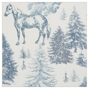 Elegant Vintage White Horses in Snow Woods Toile  Fabric