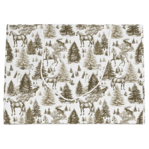 Elegant Vintage White Horses in Snow Woods Toile  Large Gift Bag