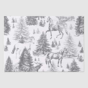 Elegant Vintage White Horses in Snow Woods Toile Tissue Paper