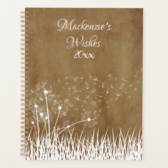 Elegant Vintage White Outline Dandelions in Wind   Planner (Front)