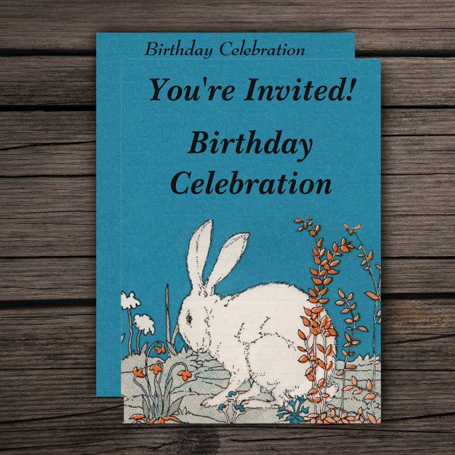 Elegant Vintage White Rabbit Birthday Invitation (Fluffy white bunny sitting in orange and white flowers on blue Birthday party Invitions.)