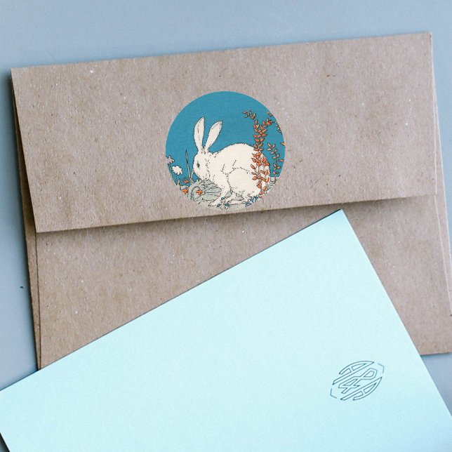 Elegant Vintage White Rabbit Classic Round Sticker (Fluffy white bunny sitting in orange and white flowers on blue paper sticker.)