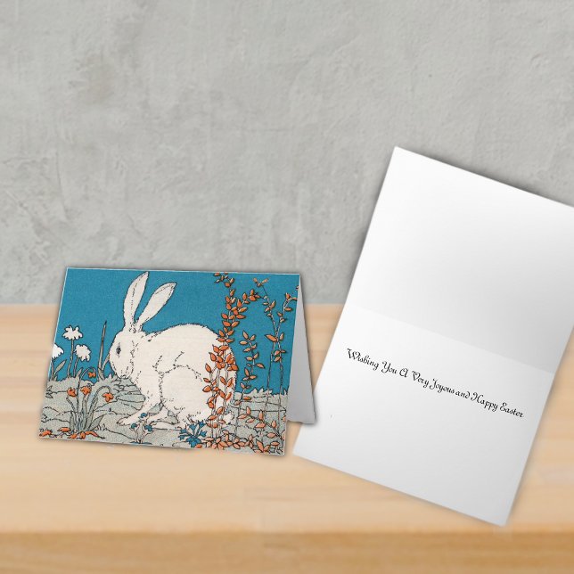 Elegant Vintage White Rabbit  Easter Holiday Card (White sitting Easter Rabbit surrounded by flowers on Easter Greeting card.)
