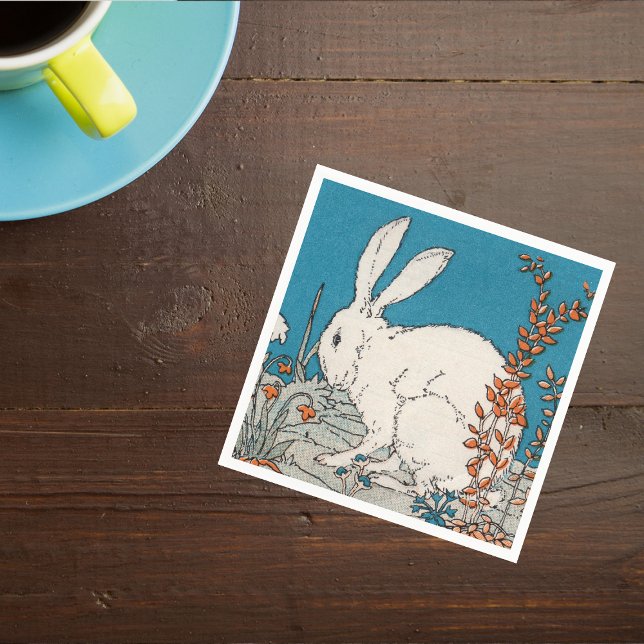 Elegant Vintage White Rabbit Flowers Napkin (White fluffy rabbit sitting in flowers on blue Easter napkins.)