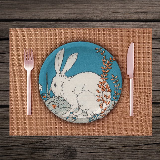 Elegant Vintage White Rabbit Flowers Paper Plate (Cute white rabbit sitting in orange and white flowers on paper plate.)