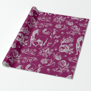 Elegant Vintage Wine Grey Horse Floral Pattern Wrapping Paper