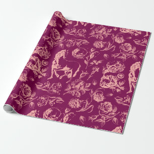 Elegant Vintage Wine Pink Horse Floral Pattern Wrapping Paper