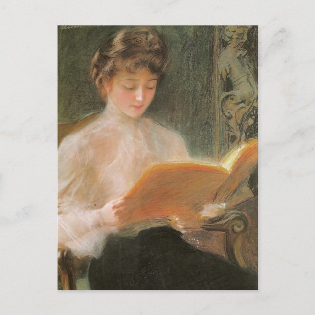 Elegant Vintage Woman Reading Teodor Axentowicz Postcard (Front)