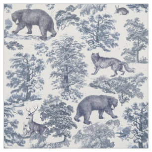 Elegant Vintage Woodland Animal Blue Toile Pattern Fabric