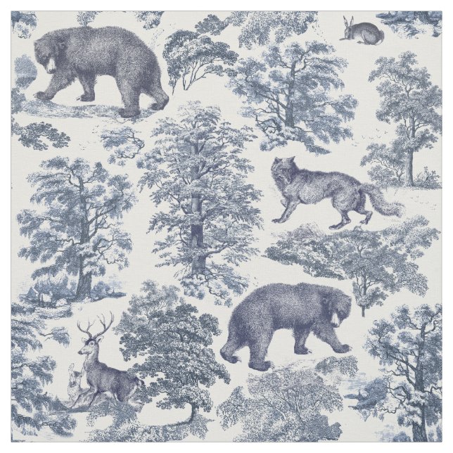 Elegant Vintage Woodland Animal Blue Toile Pattern Fabric (Swatch)