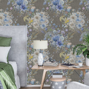 Elegant Vintage Woven Blue Floral Pattern Wallpaper