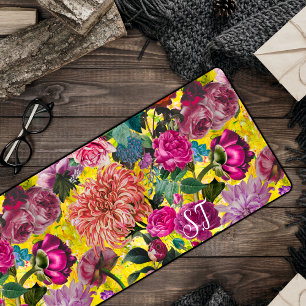 Elegant Vintage yellow Floral monogram Desk Mat