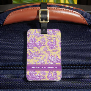 Elegant vintage yellow purple toile de jouy luggage tag
