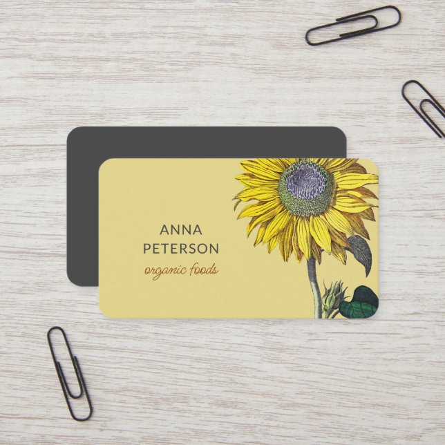 Elegant Vintage Yellow Sunflower Beige Grey  Business Card (Front/Back In Situ)