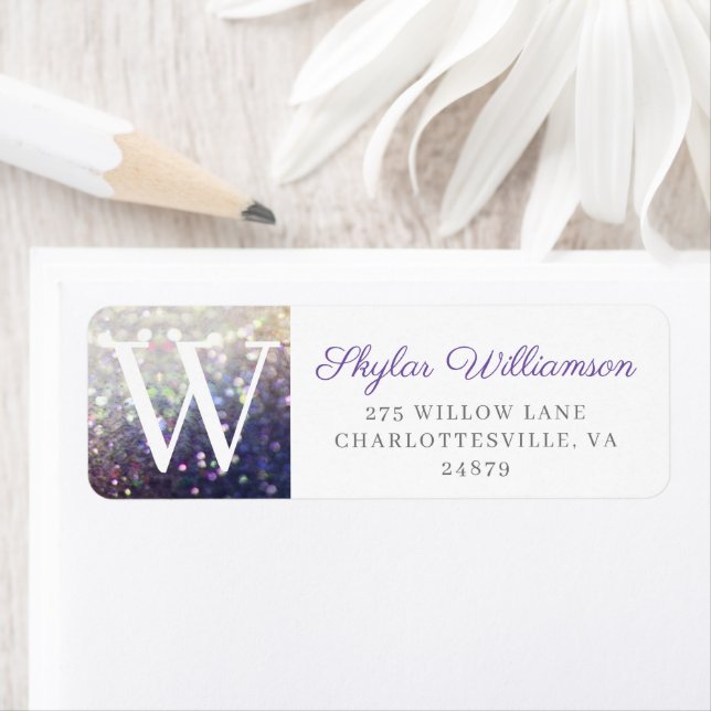 Elegant Violet & Champagne Glitter Monogram Return Address Label (Insitu)