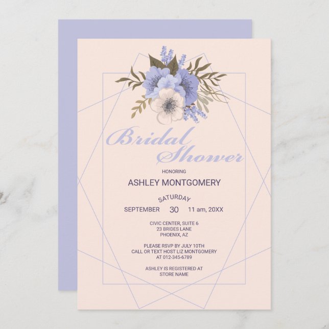 Elegant Violet Five Petal Roses Bridal Shower Invitation (Front/Back)