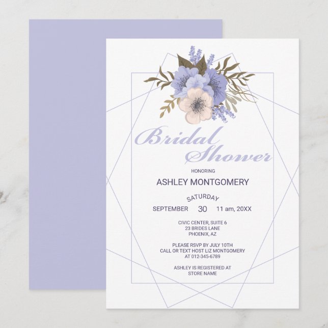 Elegant Violet Five Petal Roses Bridal Shower Invitation (Front/Back)