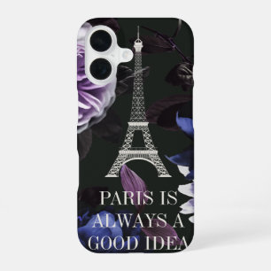 Elegant Violet Floral Paris Eiffel Tower Quote iPhone 16 Case