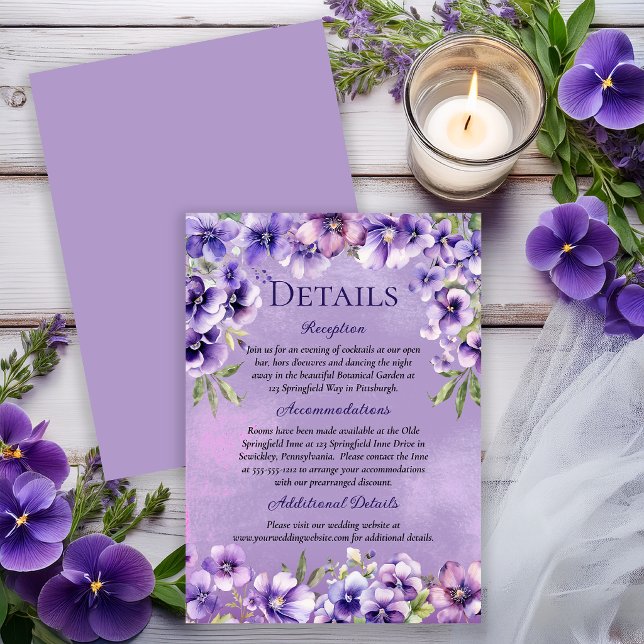 Elegant Violet Floral Wedding Details Invitation (Elegant violet florals for a refined and timeless wedding details card.)