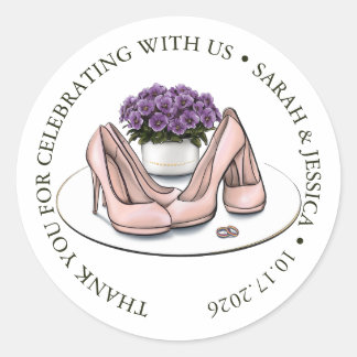 Elegant Violet Flowers Lesbian Wedding Favour Stic Classic Round Sticker