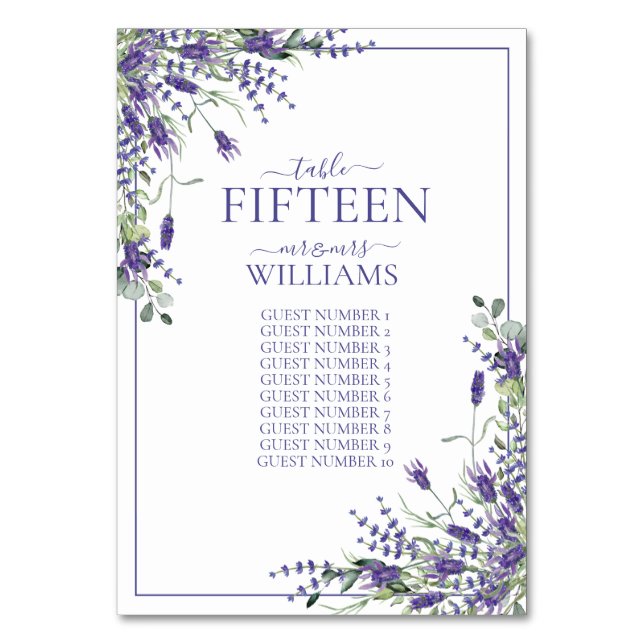 Elegant Violet Flowers Script Reception Weddings Table Number (Front)