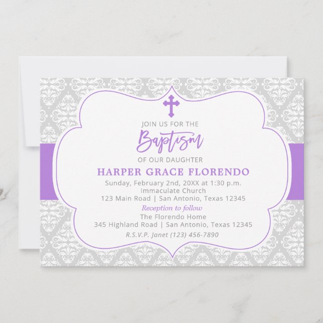 Elegant Violet Girl Baptism Invitation (Front)