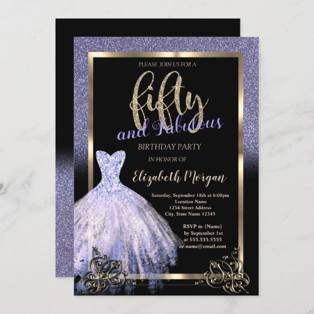 Elegant Violet Glitter Dress 50th Birthday Party Invitation (Front/Back)