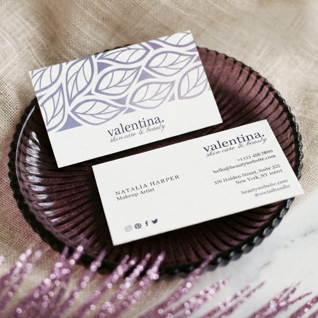 Elegant Violet Glitter Leaf Pattern Beauty Makeup Business Card (Elegant Modern Leaf Luxury Beauty Makeup Artist Business Card)