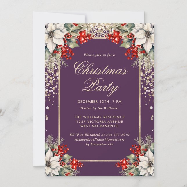 Elegant Violet Gold Botanical Christmas Party Invitation (Front)