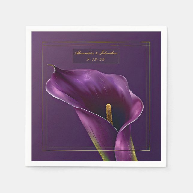 Elegant Violet & Gold Calla Lily Wedding Napkin (Front)
