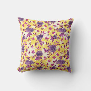 Elegant Violet Marigolds Flowers Mustard Yellow Cushion