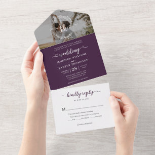 Elegant Violet Monogram Photo Rsvp Wedding All In One Invitation