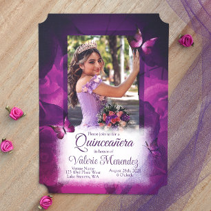Elegant Violet Pink Roses, Butterflies Quinceanera Invitation