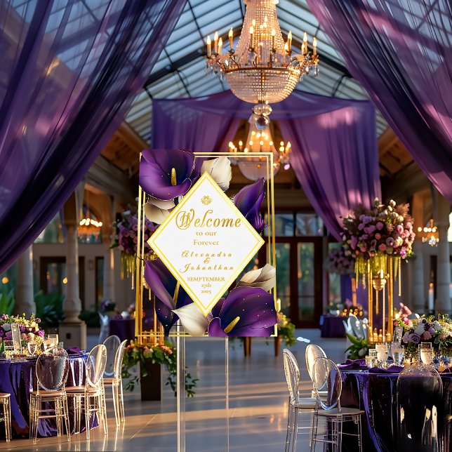 Elegant Violet Purple and Gold Calla Lily  Acrylic Sign (Stunning Purple Calla Lily Wedding Welcome Board)