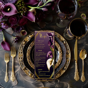 Elegant Violet Purple and Gold Calla Lily Wedding Menu