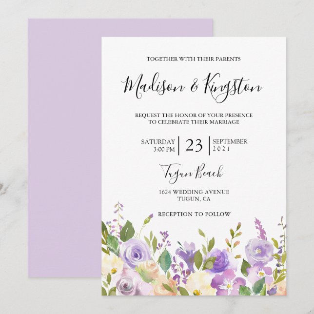 Elegant Violet Purple Champagne Flowers Wedding Invitation (Front/Back)