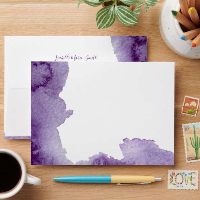 Elegant Violet Purple Colour Wash Wedding Invite Envelope (Desk)