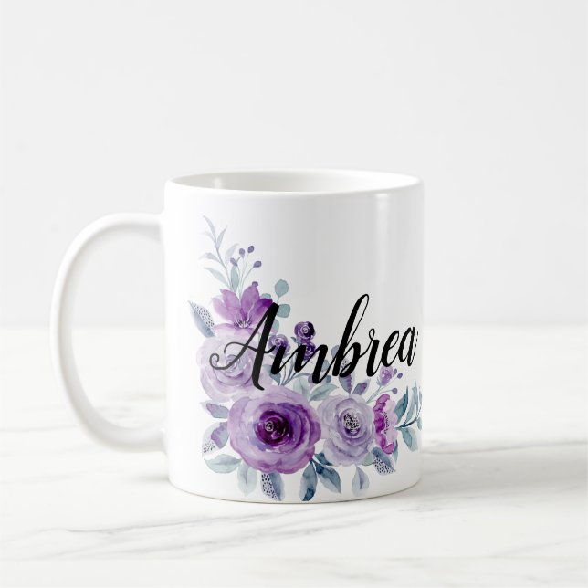 Elegant Violet Purple Floral Custom Personalised C Coffee Mug (Left)