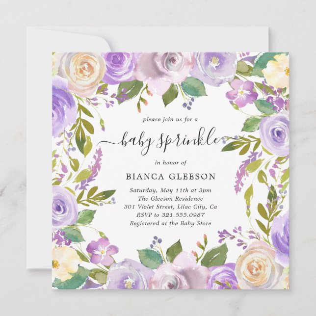 Elegant Violet Purple Floral Girl Baby Sprinkle Invitation (Front)