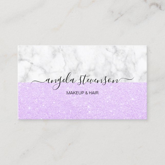 Elegant violet purple glitter marble makeup & hair business card (Front)