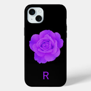 Elegant Violet Purple Monogram Dark Floral Rose iPhone 15 Mini Case