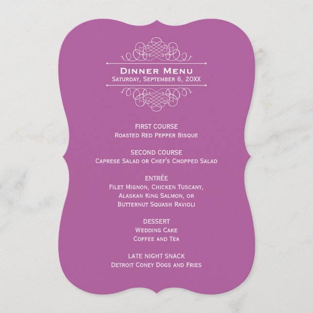 Elegant Violet Purple Wedding Monogram Dinner Menu (Front)