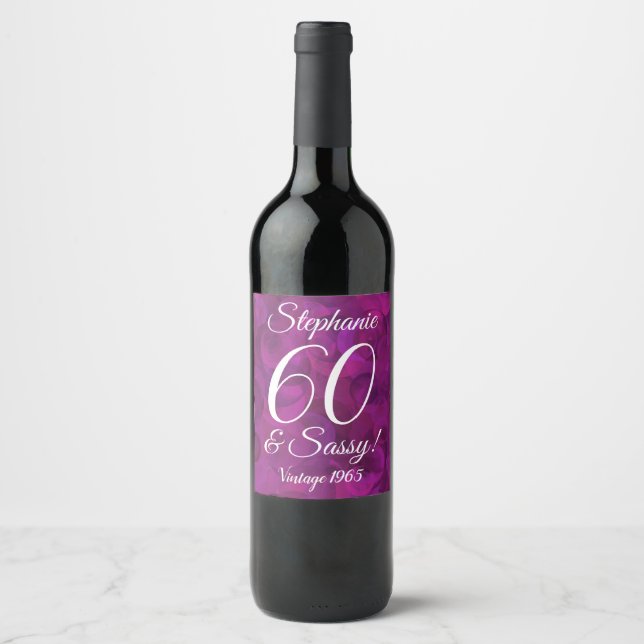 Elegant Violet Rose 60 and Sassy Birthday Wine Label (Front)