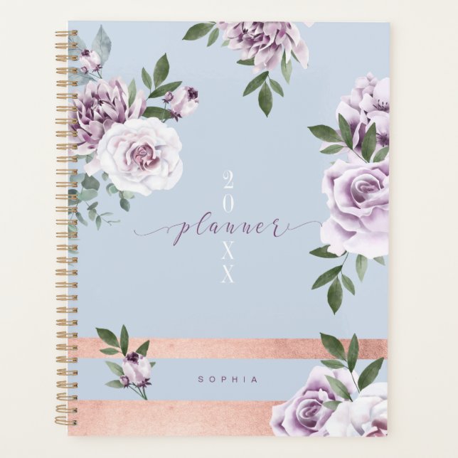 Elegant Violet Watercolor Florals Rose Gold Stripe Planner (Front)