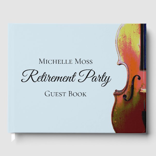 Elegant Violin Blue and Black Retirement Party Guest Book (Front)