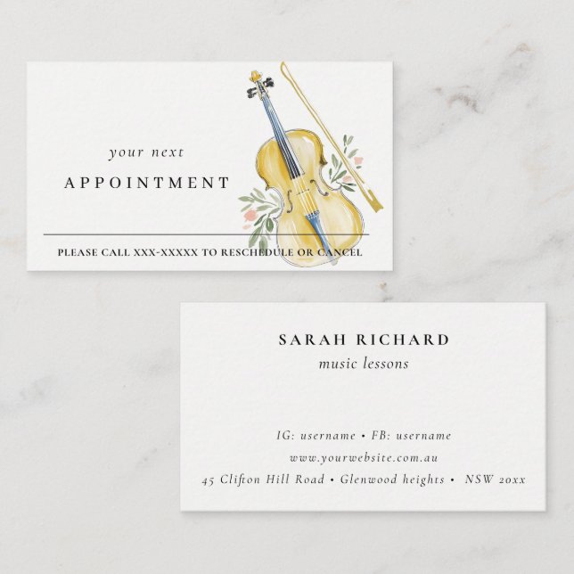 Elegant Violin Musician Music Teacher Appointment Business Card (Front/Back)