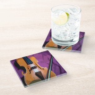 Elegant Violin on Purple Silk, Fine Glass Coaster