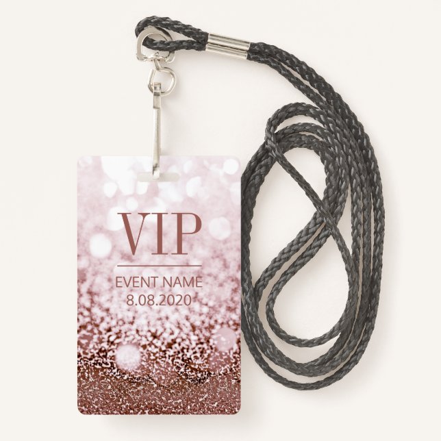 Elegant VIP Access Event Rose Pink Glitter ID Badge (Front with Lanyard)