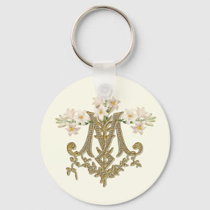 Elegant Virgin Mary Gold Marian Cross Lilies Card  Key Ring