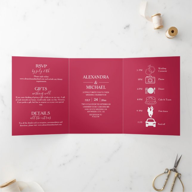 Elegant Viva Magenta Script Wedding Tri-Fold Invitation (Inside)